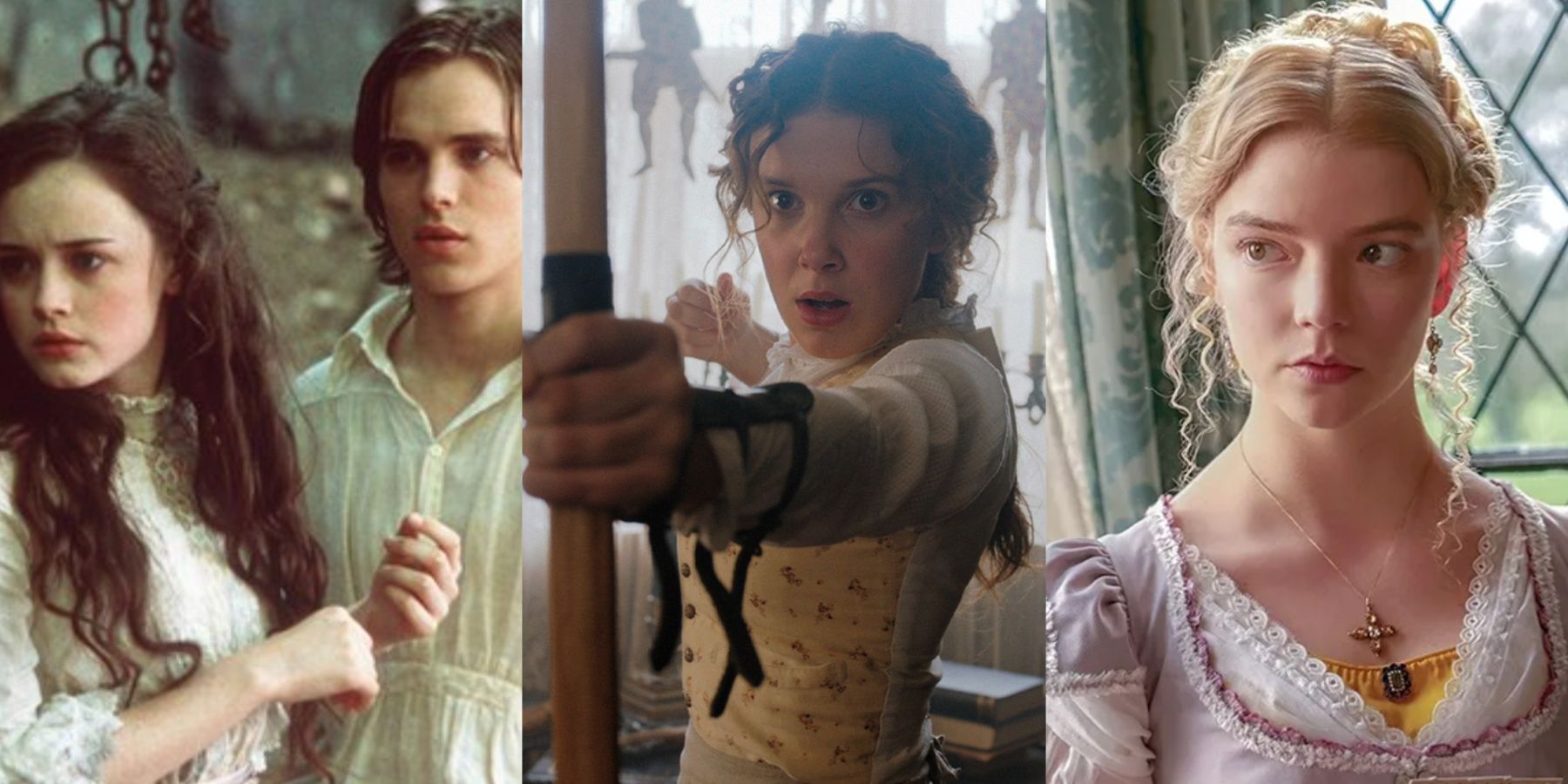 A side by side image features the main characters from Tuck Everlasting, Enola Holmes, and Emma