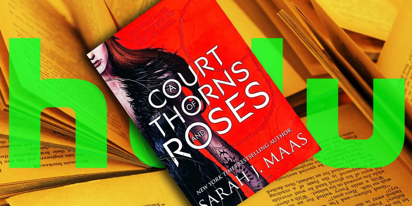 The A Court of Thorns and Roses book cover and the Hulu logo
