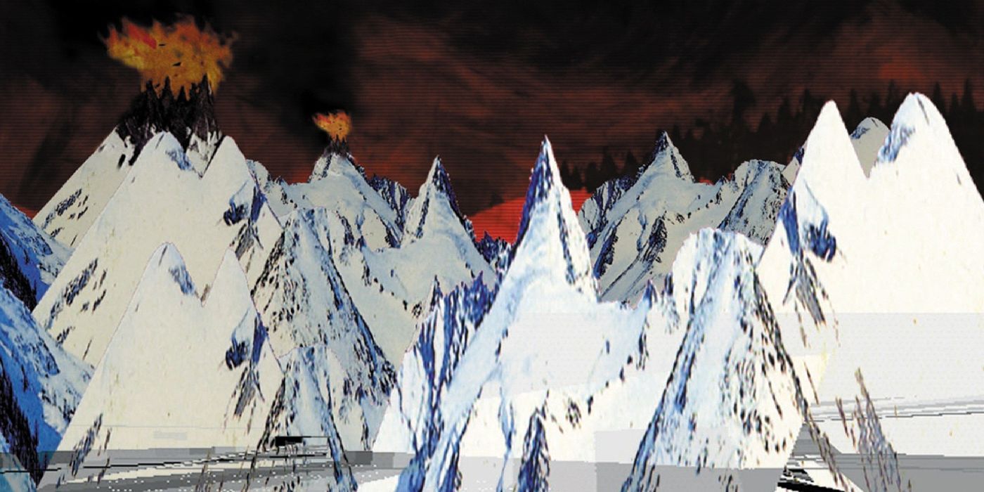 Cover art of Kid A by Radiohead with white mountains in front of a red backdrop.