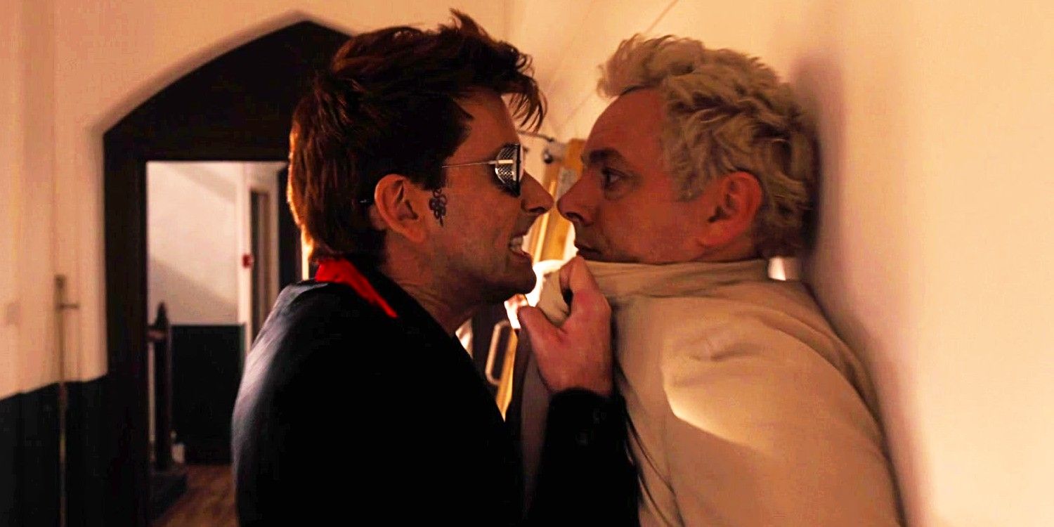 Crowley pushing Aziraphale against the wall in Good Omens season 1