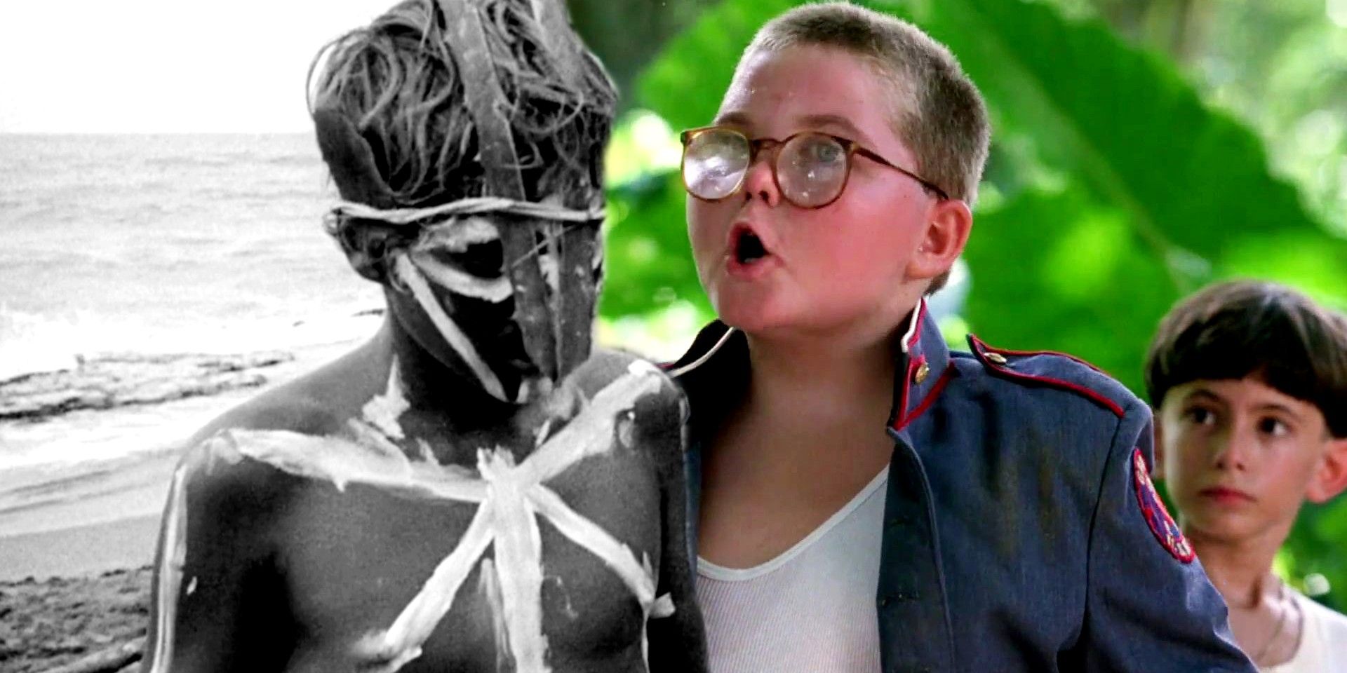 Custom image of a young boy and a kid with glasses in different versions of Lord of the Flies