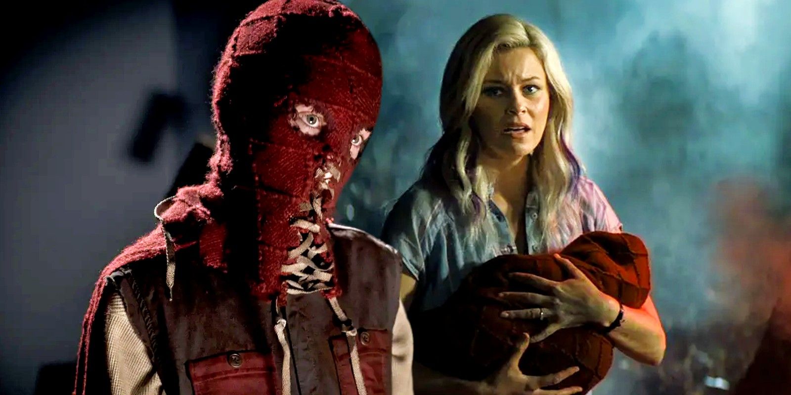 Custom image of a young boy wearing a mask and a mother holding a baby in Brightburn