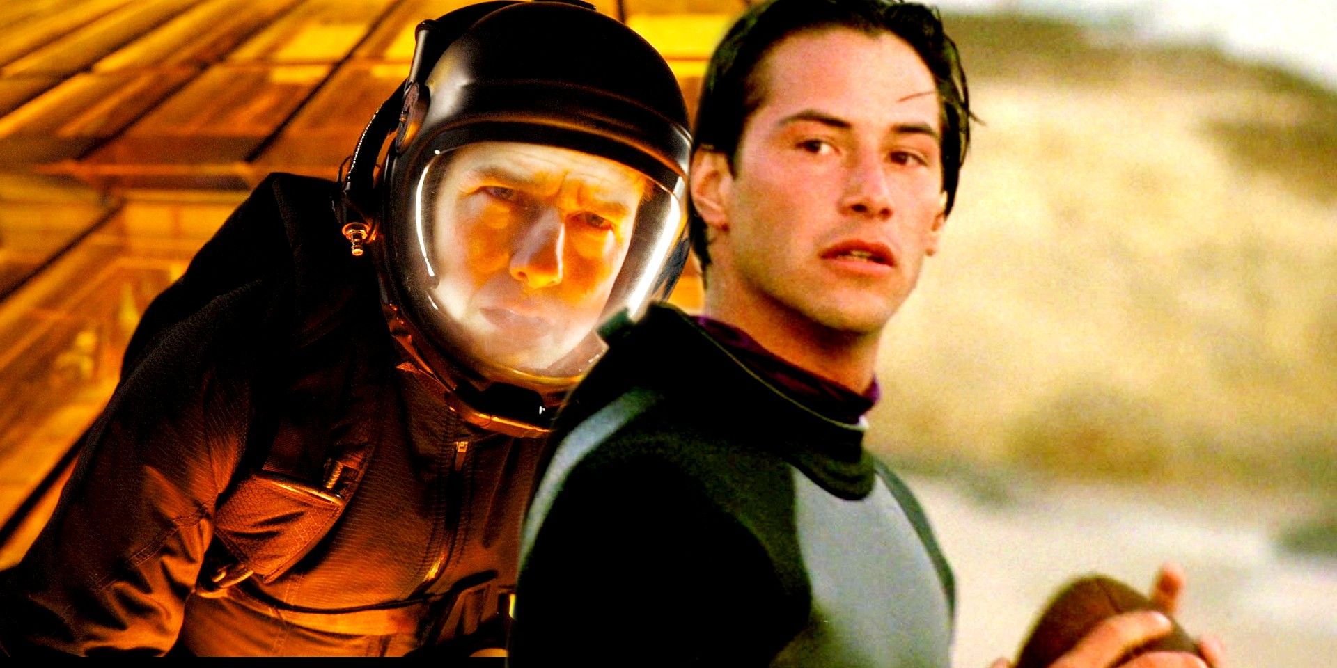 Custom image of Tom Cruise in his skygdiving suit in Mission Impossible Fallout and Keanu Reeves holding a football in Point Break