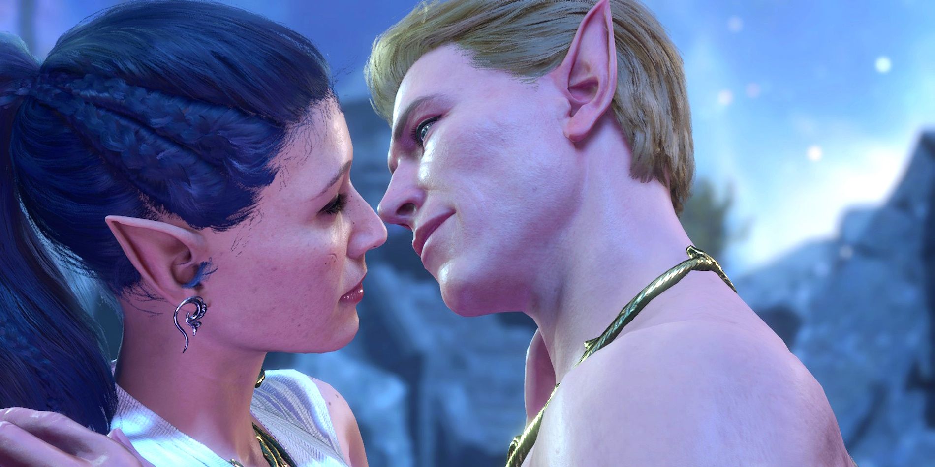 An elven Tav and a male Dream Guardian start to kiss in Baldur's Gate 3
