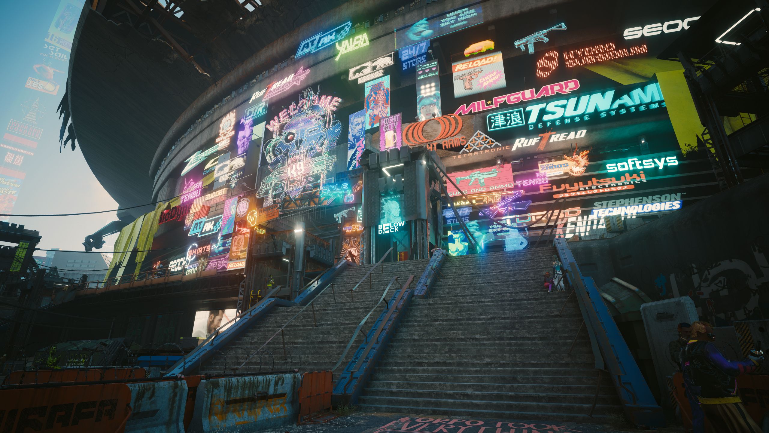Cyberpunk 2077 Phantom Liberty Dogtown Stadium Exterior With Neon Advert Signs