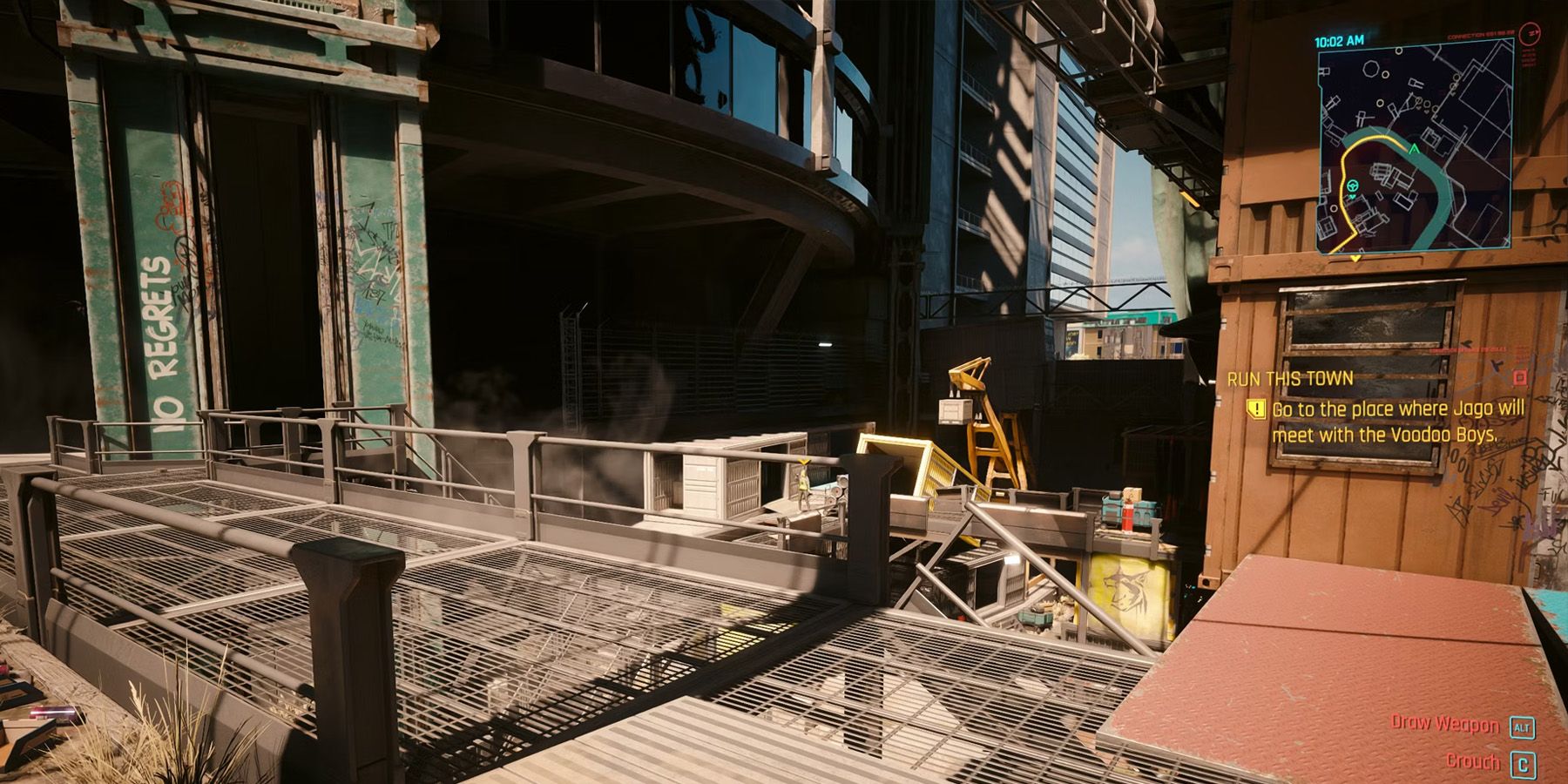 Cyberpunk 2077 Phantom Liberty V Walking Down Metal Walkway To Barghest Tunnels