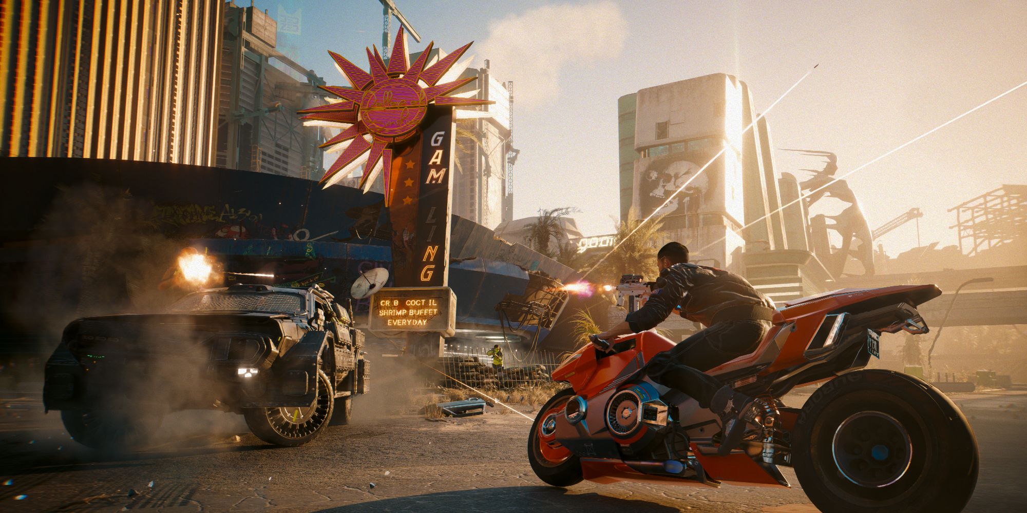 Cyberpunk 2077 Phantom Liberty Official Art With V Attacking Armored Car While Riding Motorcycle