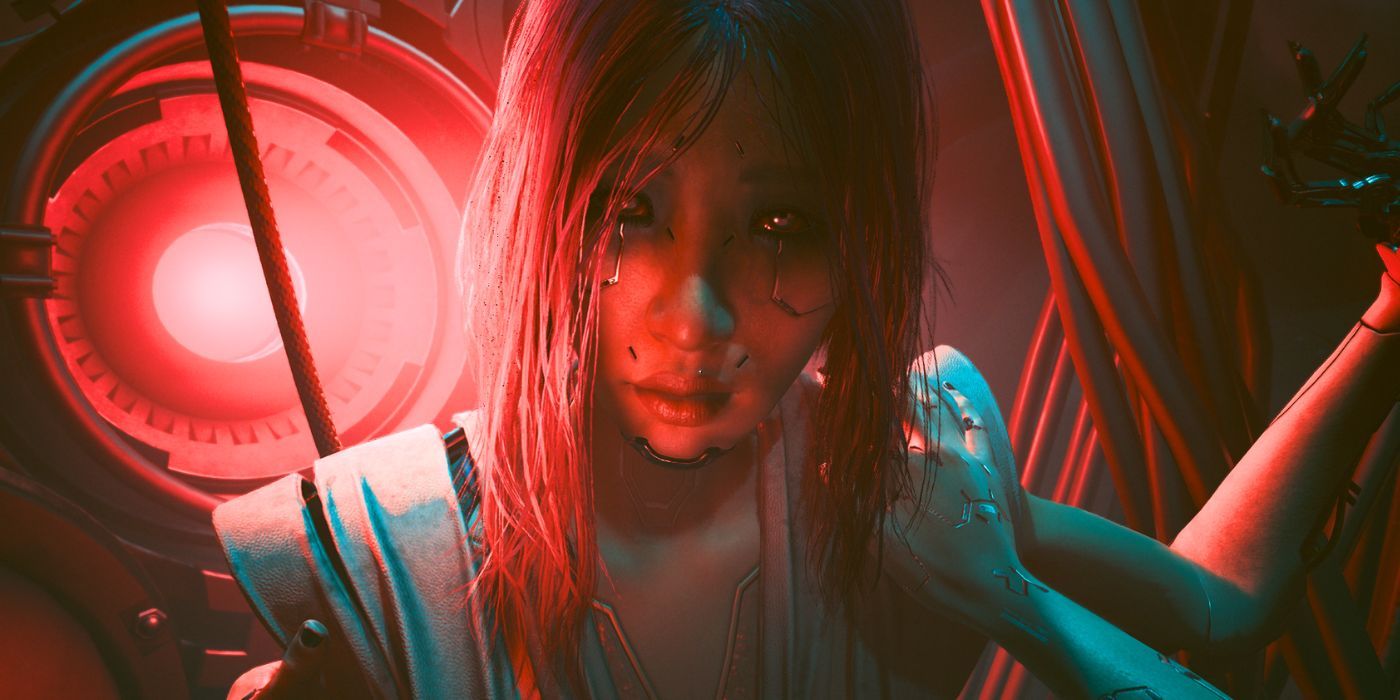 Cyberpunk 2077: Phantom Liberty's Songbird looking distraught against a red background.