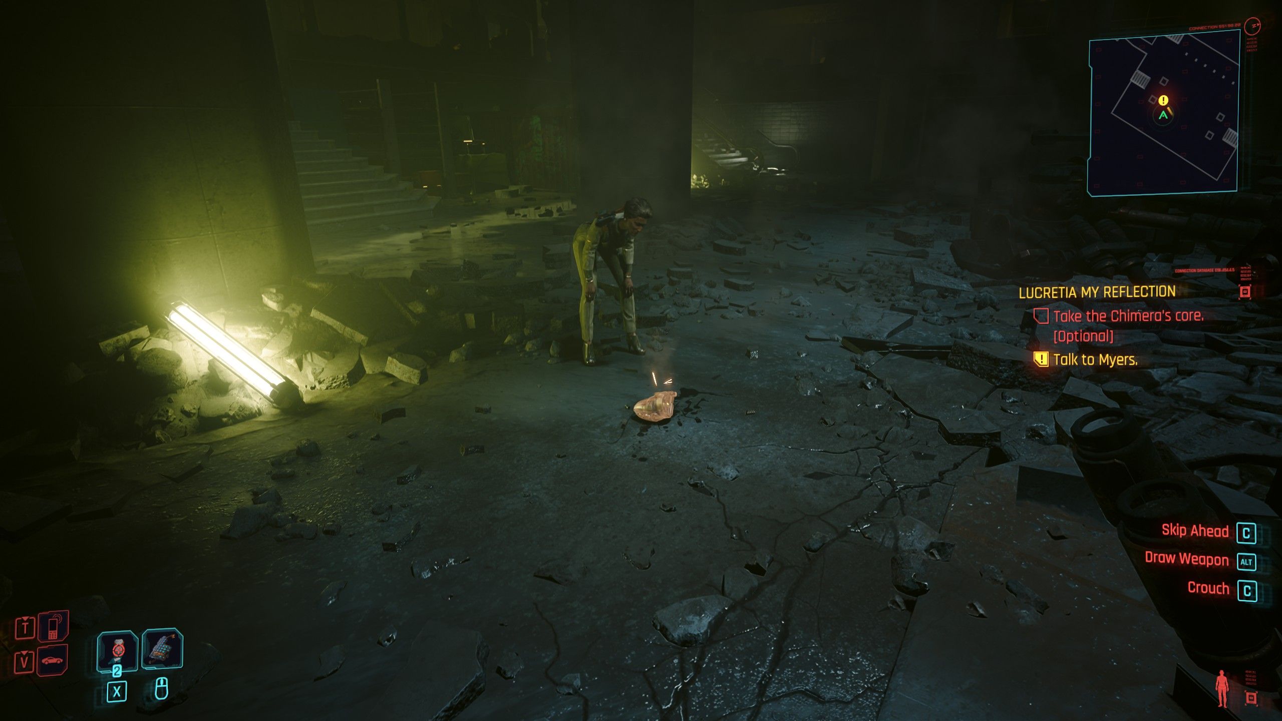 Cyberpunk 2077 Phantom Liberty V Looking At President Myers And Active Chimera Core Item In Ruined Building