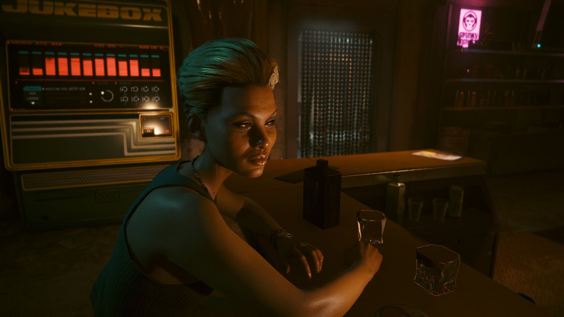 Alex from Phantom Liberty sitting at a bar and looking at V in Cyberpunk 2077 Phantom Liberty.