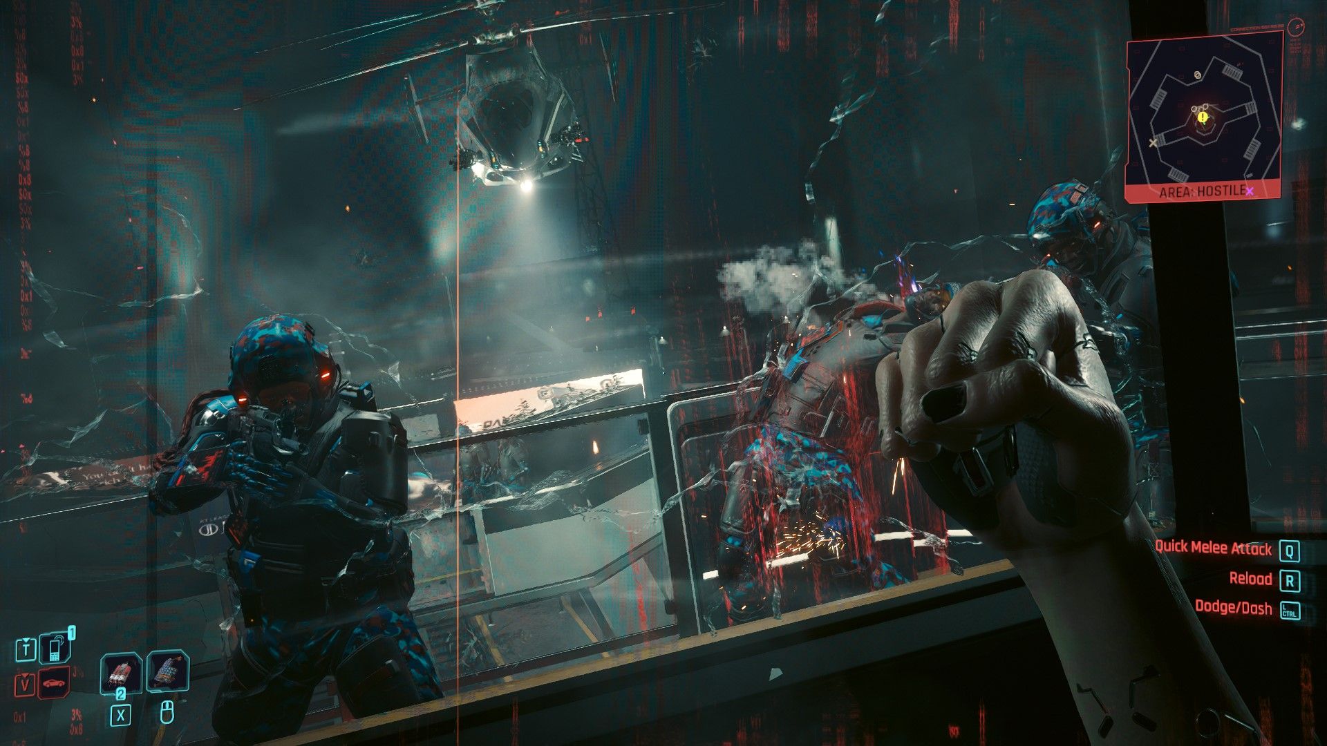 V holding up their fist as soldiers and a helicopter come their way in Cyberpunk 2077 Phantom Liberty.
