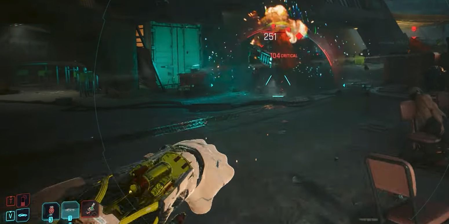 A screenshot from Cyberpunk shows a first-person view of a player character firing a Projectile Launch System at a vehicle, causing it to explode.