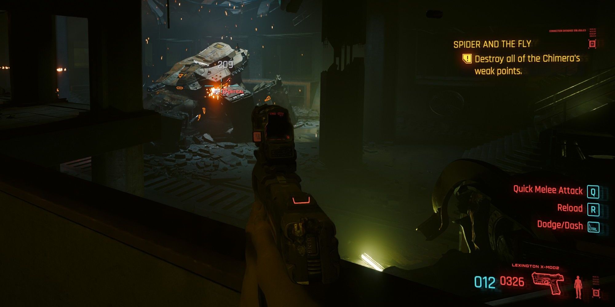 Cyberpunk 2077 Phantom Liberty V Firing Handgun At Chimera Robot Orange Weak Spot.
