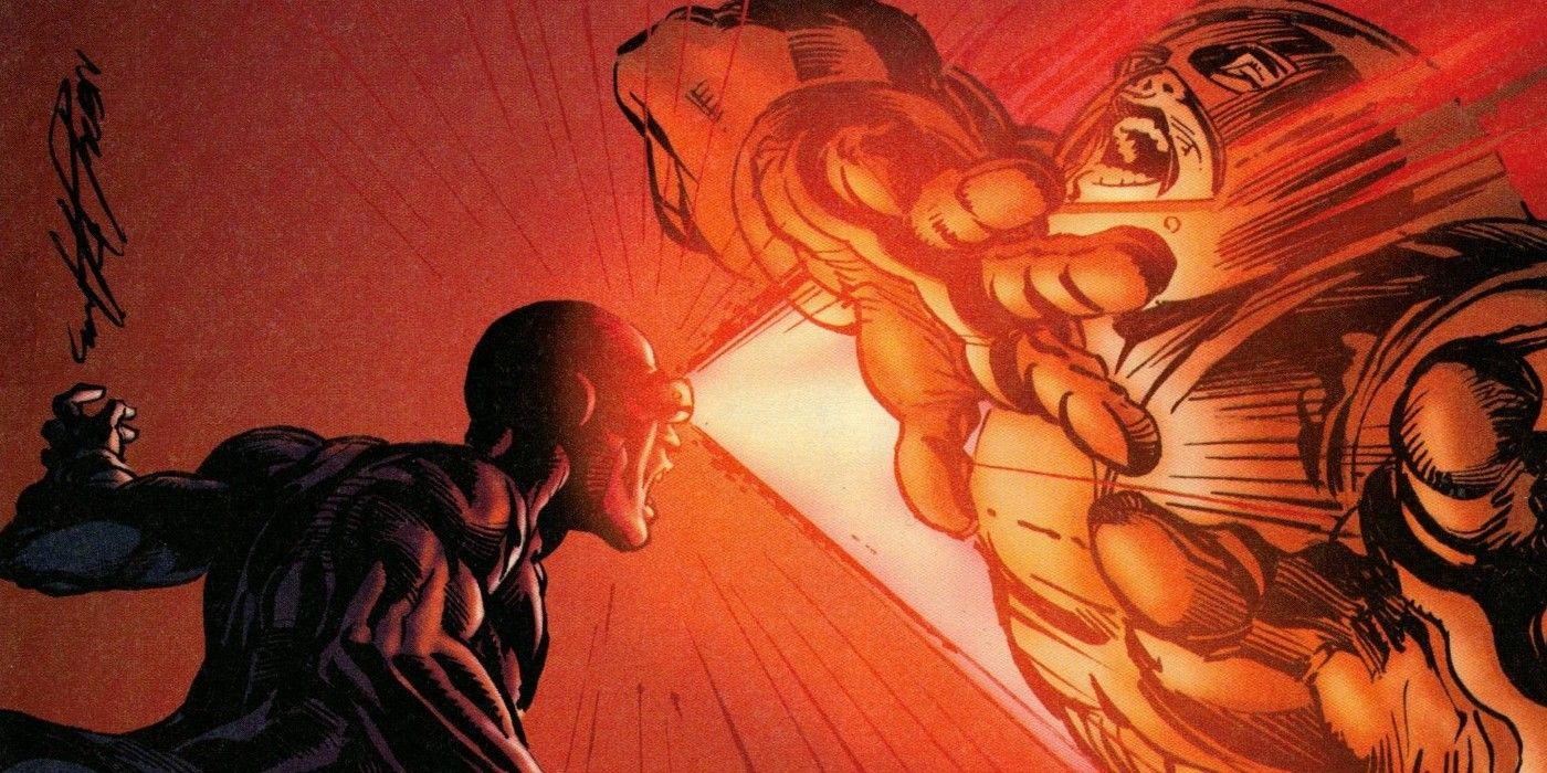 Cyclops beating Juggernaut with his eye beams in X-Men Blue