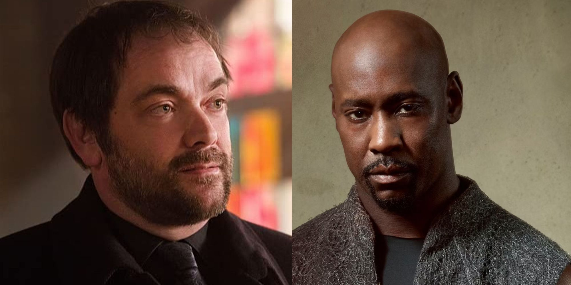 Side by side image: Mark A. Sheppard as Crowley in Supernatural; and D.B. Woodside