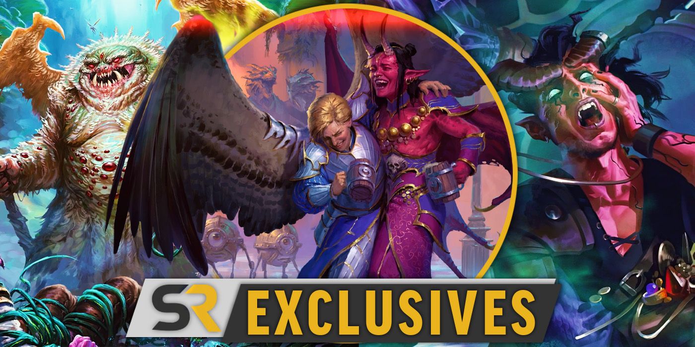 A human and a tiefling laugh while holding mugs with the SR Exclusive banner below them. On the right is a red tiefling screaming in horror and on the left is a large monsters with jagged teeth.