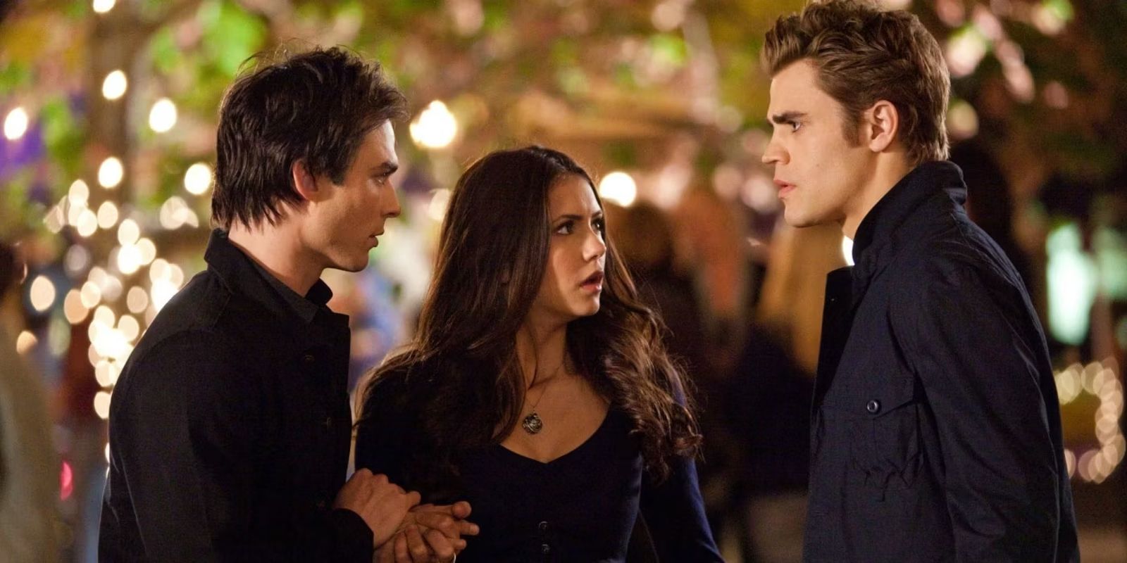 Damon Elena and Stefan Talk on the Street in The Vampire Diaries