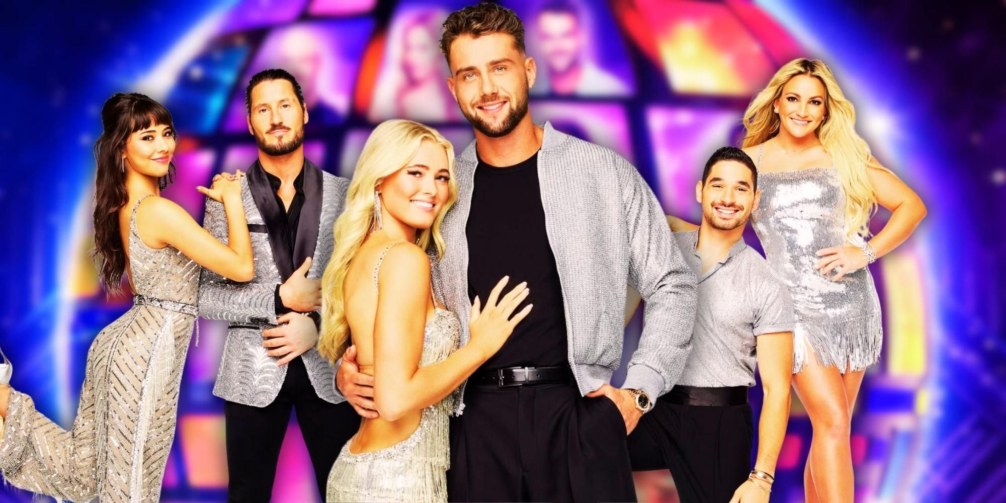 Dancing With The Stars Season 32 cast members Xochitl Gomez & Val Chmerkovskiy, Harry Jowsey & Rylee Arnold, and Jamie Lynn Spears & Alan Bersten posing together