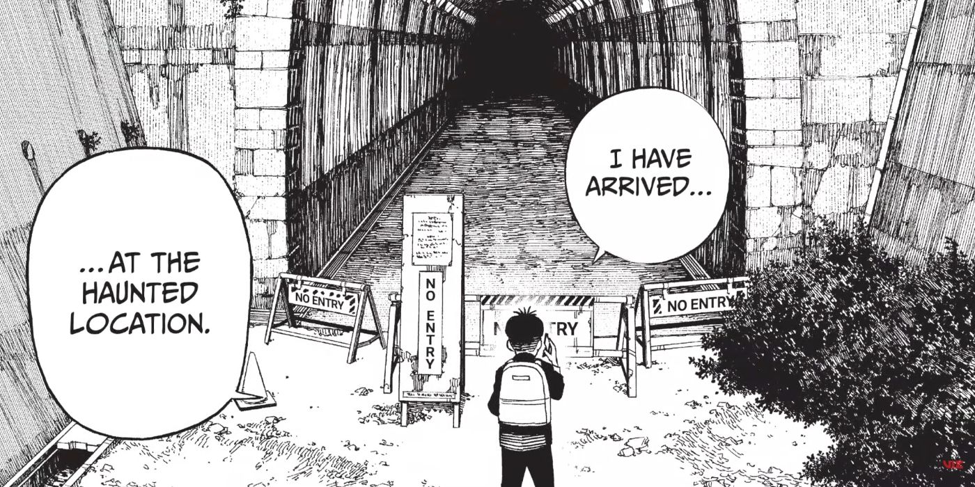 Dandadan manga panel featuring the lead protagonist entering a haunted tunnel.