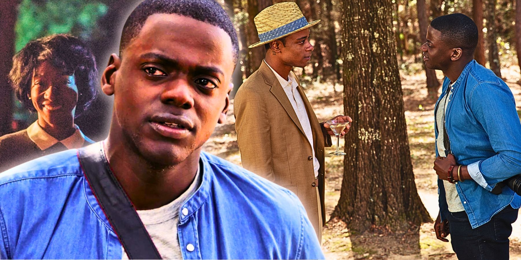 Daniel Kaluuya in Get Out with scenes collaged behind him