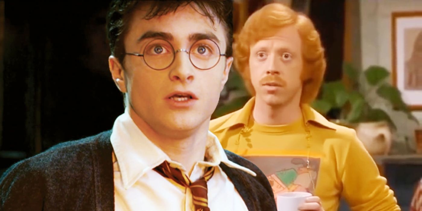 Custom image of Daniel Radcliffe looking surprised as Harry Potter juxtaposed with an AI-generated version of Ron from a &rsquo;90s sitcom.