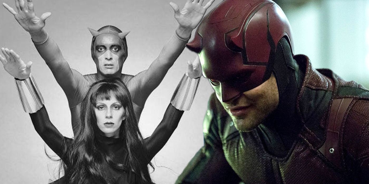 Daredevil and Black Widow from the unaired show in 1975 next to the MCU Daredevil
