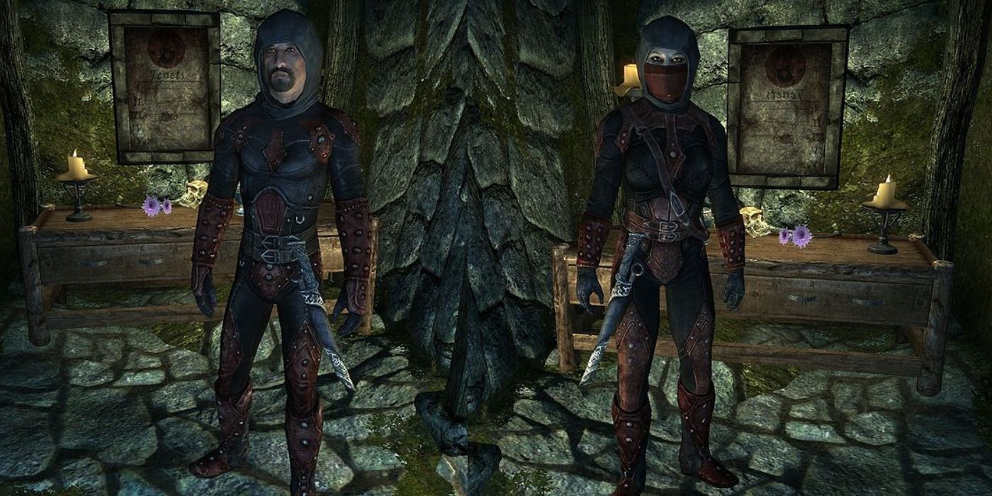 A side-by-side comparison of both the male and female Dark Brotherhood initiates in Skyrim, both of which are wearing a cowl and light armor.