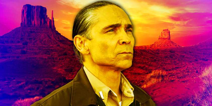 Joel Leaphorn in Dark Winds over a pink tinted image of the desert