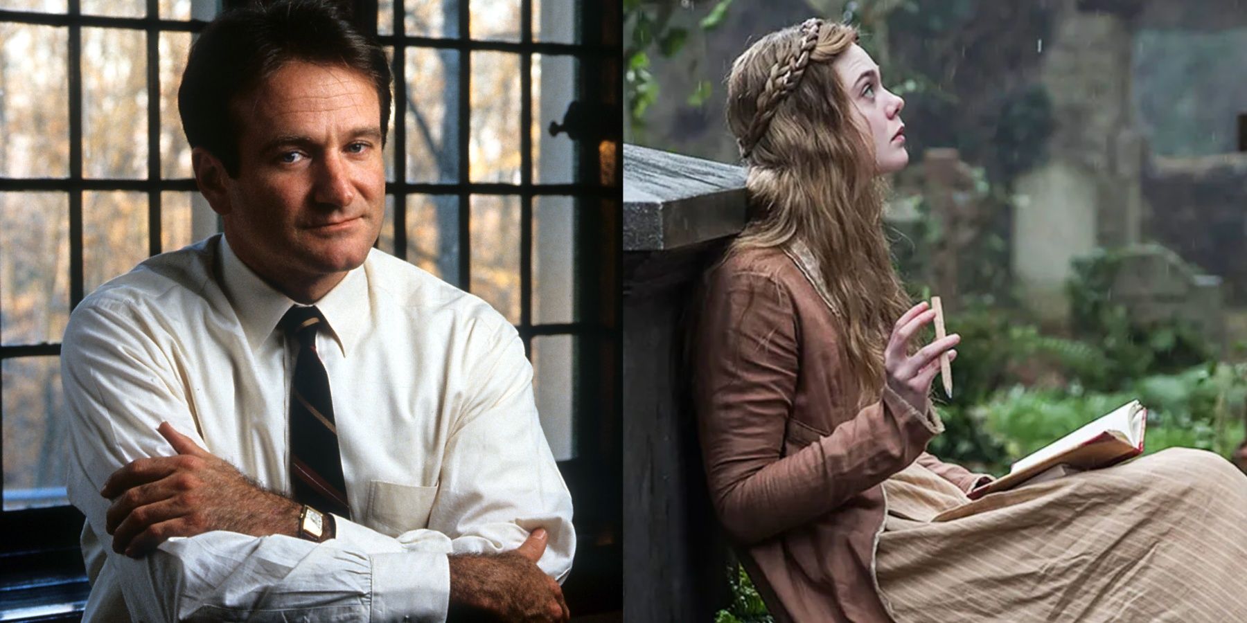 A side by side image features Robin William in Dead Poet's Soceity and Elle Fanning in Mary Shelley