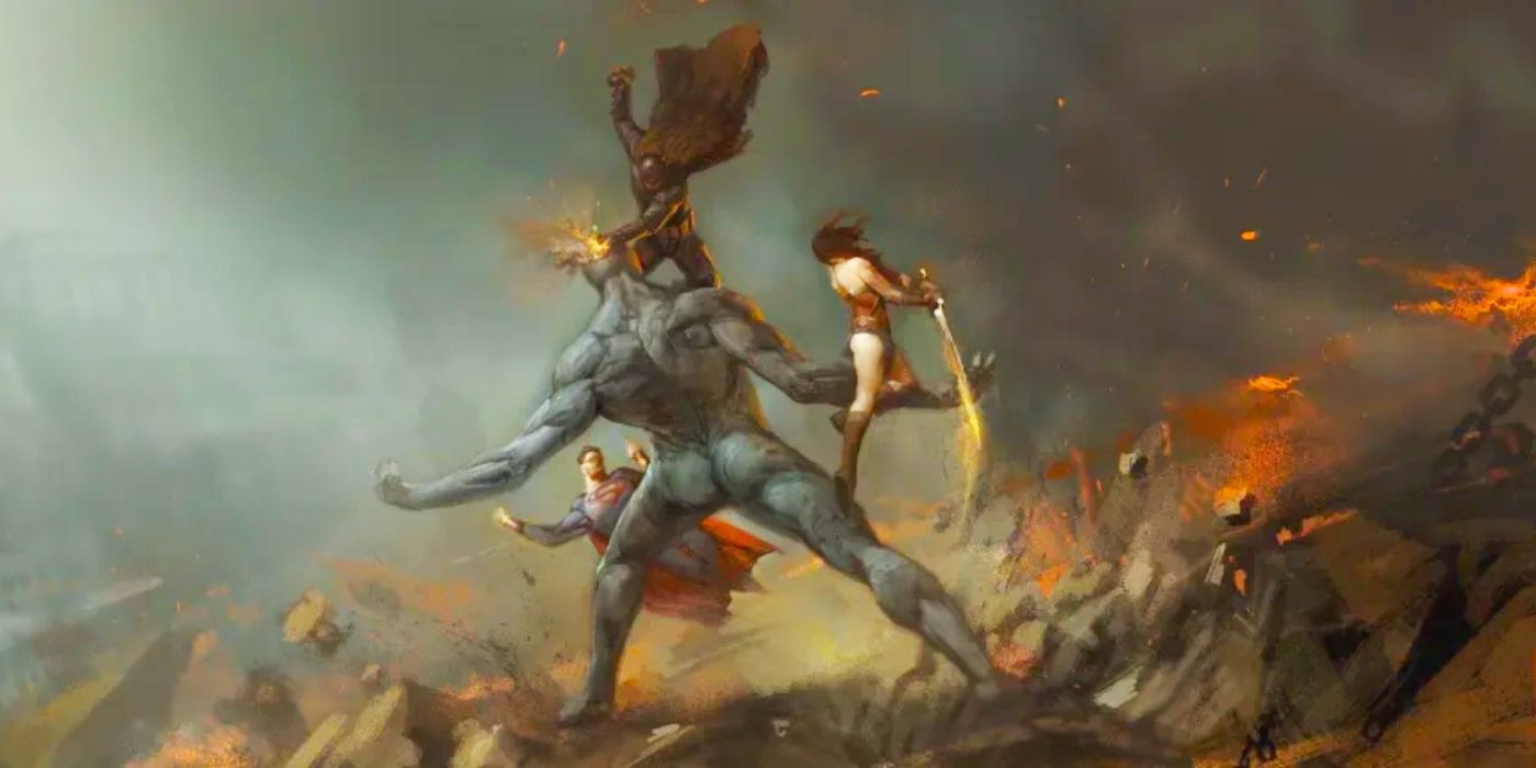 DC Trinity Fighting Doomsday Concept Art