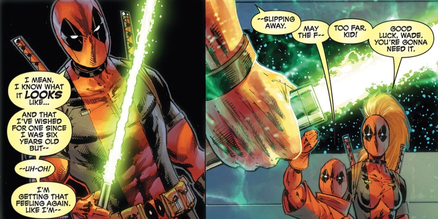 Deadpool wielding a lightsaber. 