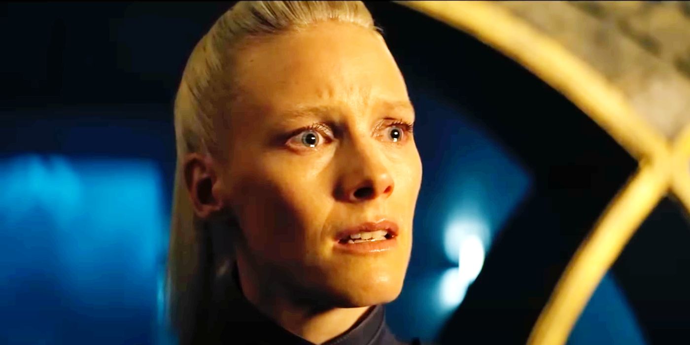 Laura Birn with tears in her eyes as Demerzel in the Foundation season 2 finale.