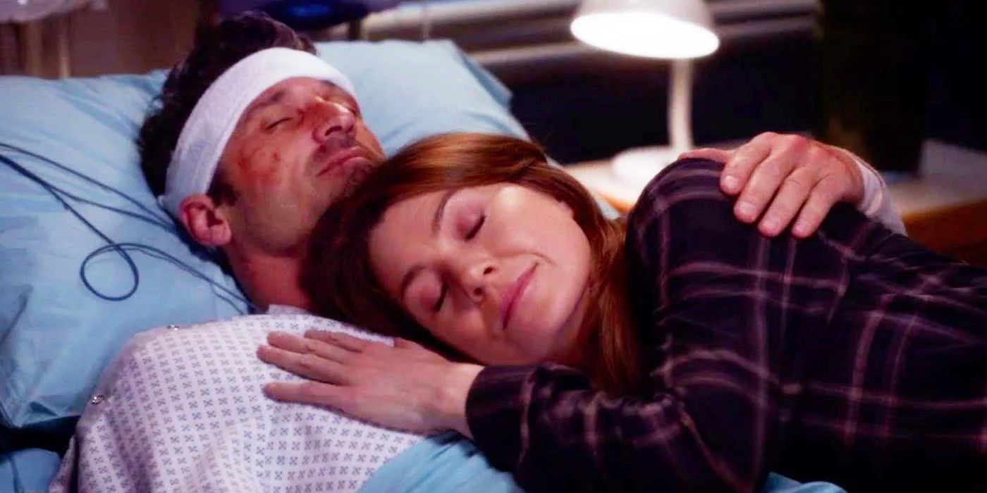 Meredith lies on Derek's chest before his death in Grey's Anatomy.