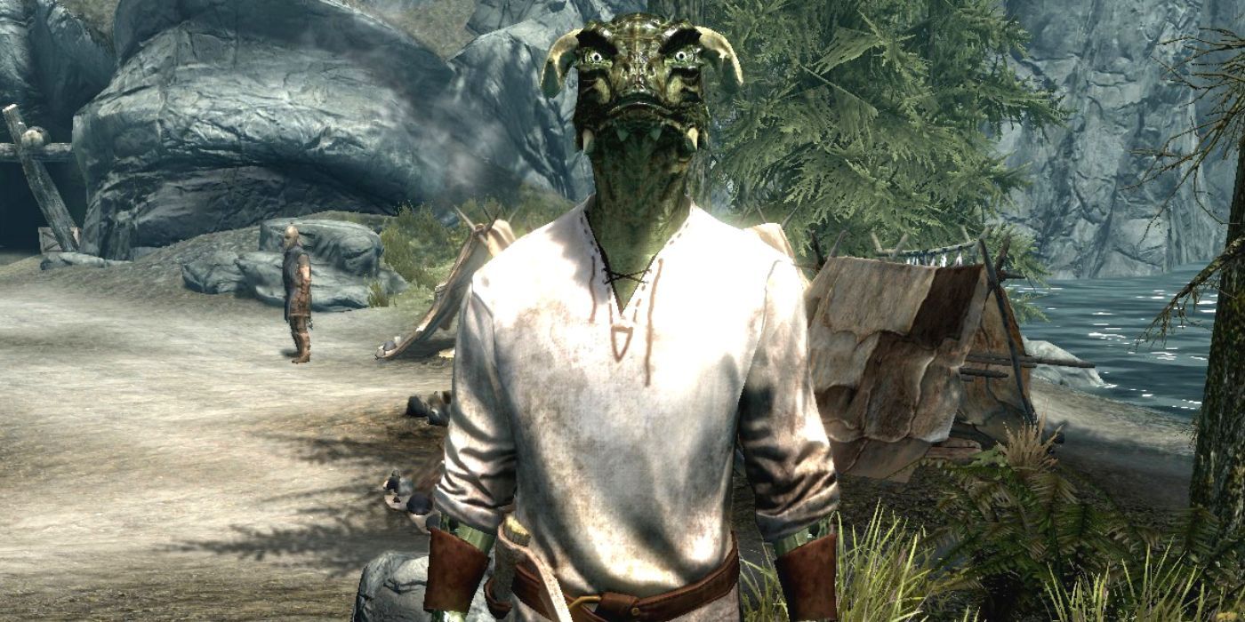 Derkeethus from Skyrim, standing in an outdoor area and looking into the camera with a neutral expression.