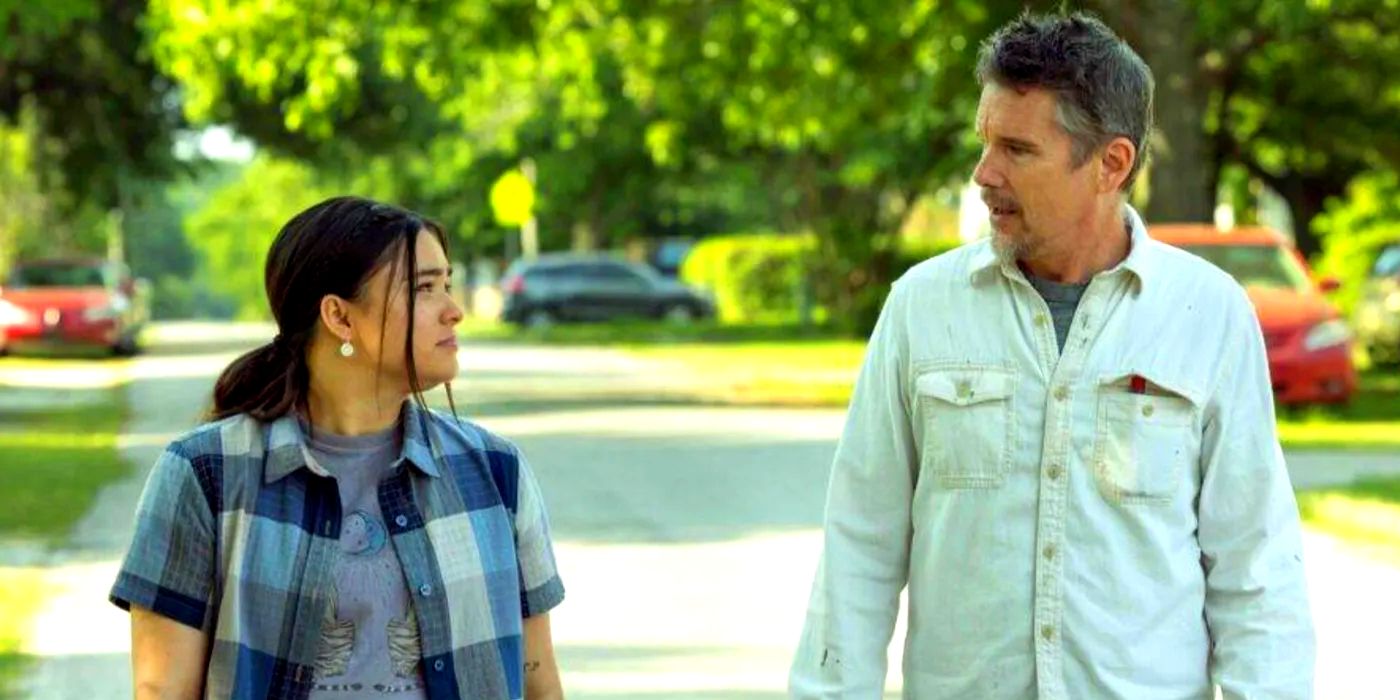 Devery Jacobs as Elora Danan Postoak with Ethan Hawke as Rick Miller in Reservation Dogs Season 3-1