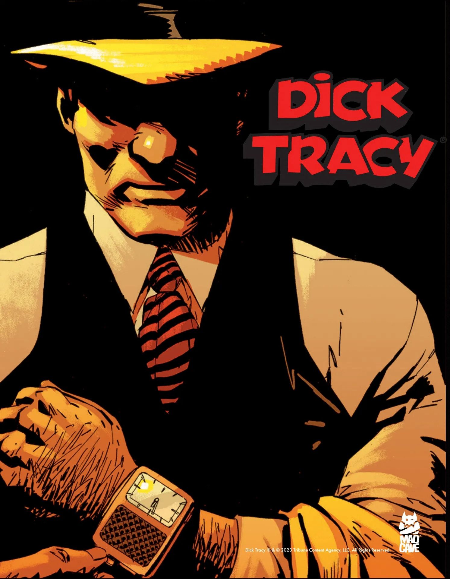 Image of Dick Tracy rolling up his sleeve to reveal his communicator watch