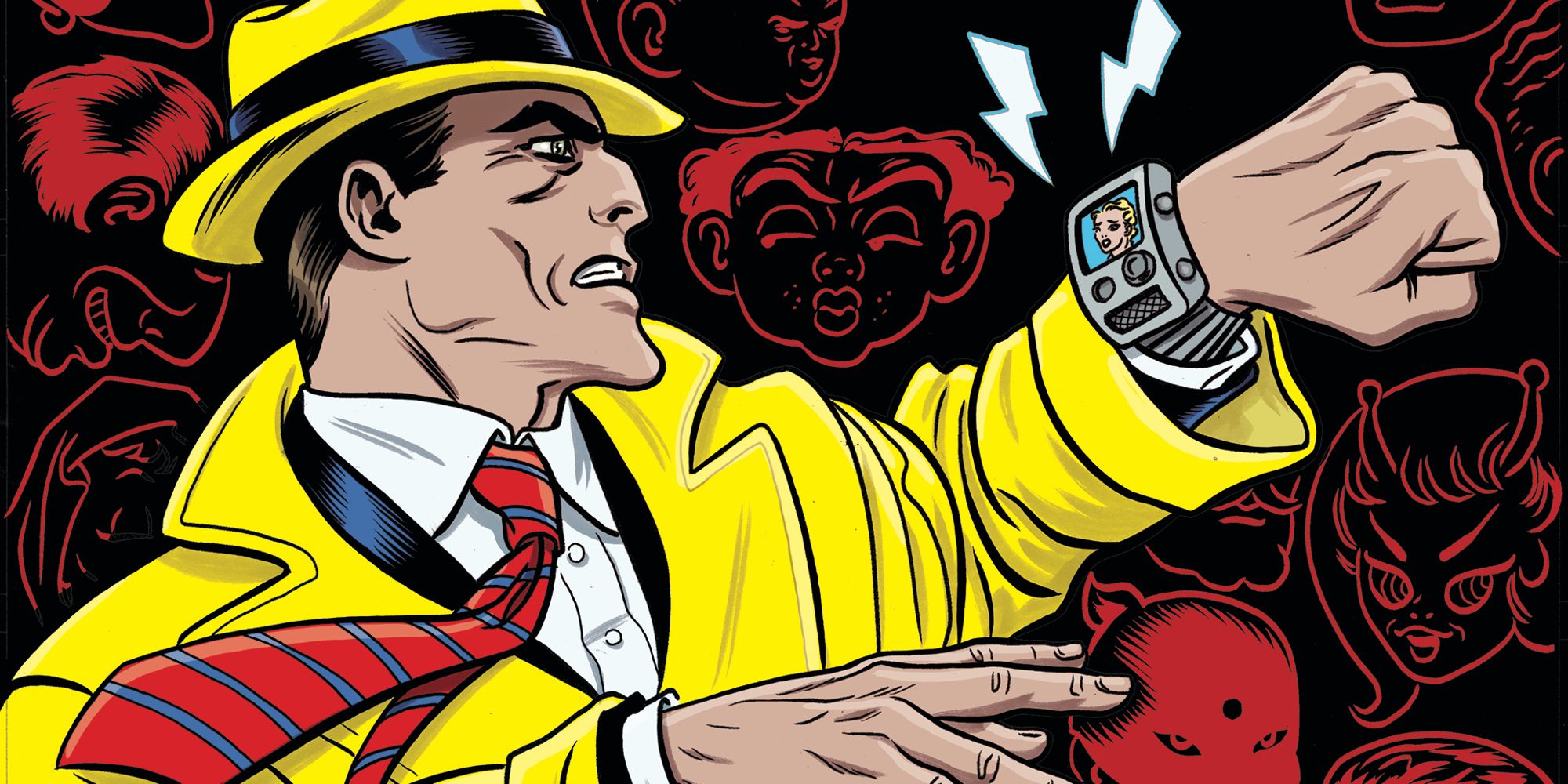 Dick Tracy wearing yellow suit and looking at watch on comic book cover