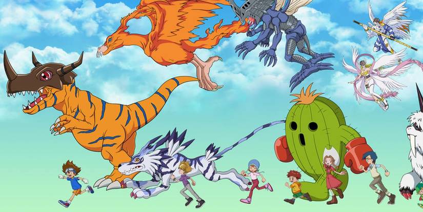 Digimon Adventures' cast running alongside their Champion Level Digimon.