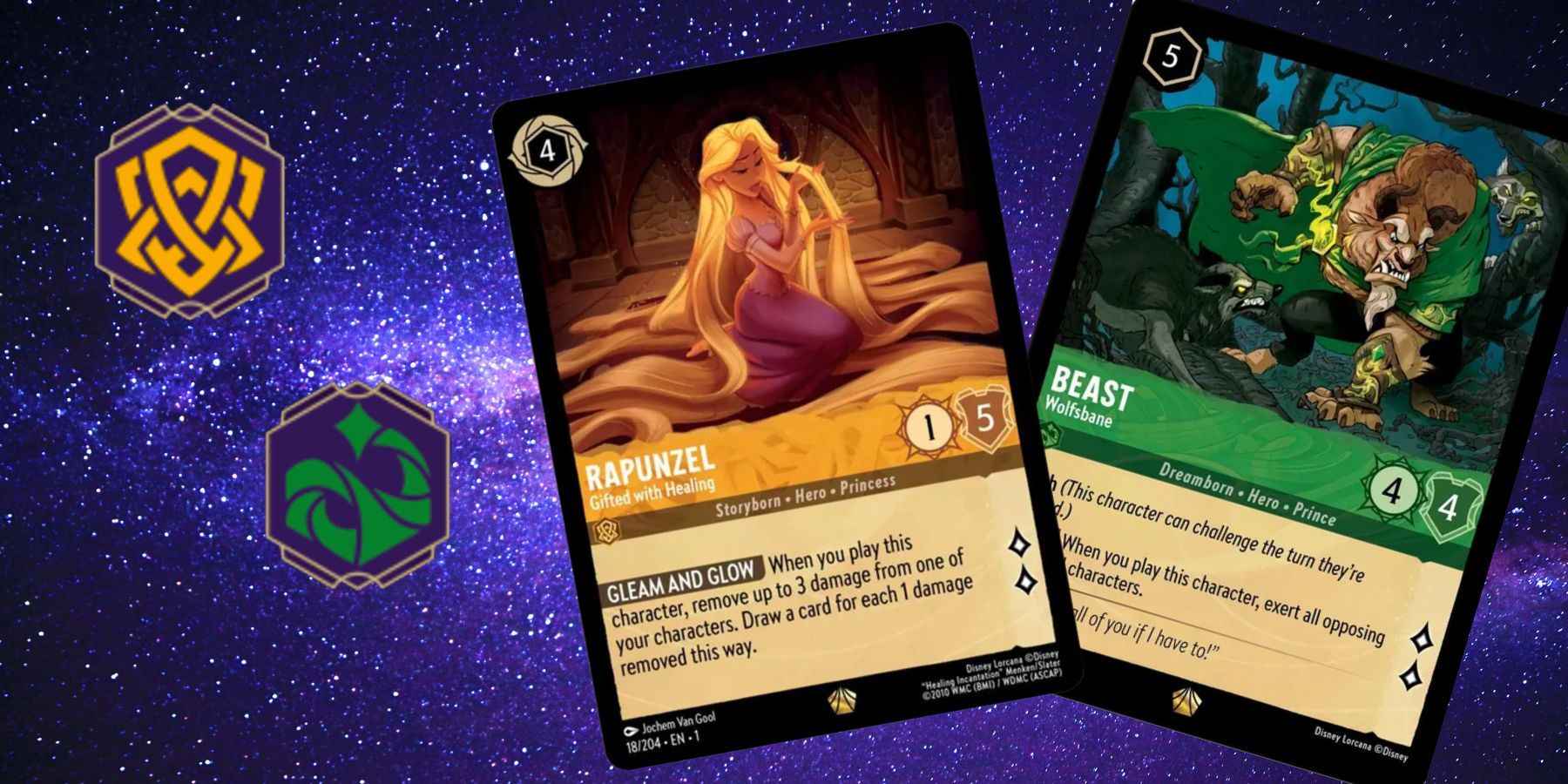 Disney Lorcana Amber And Emerald inks featuring Rapunzel and The Beast cards