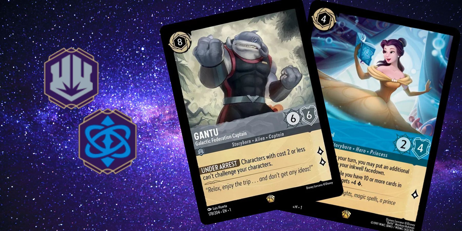 Disney Lorcana Sapphire And Steel inks featuring Gantu and Belle