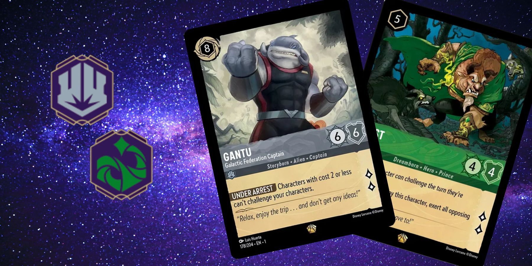 Disney Lorcana Steel And Emerald inks featuring Gantu and The Beast cards