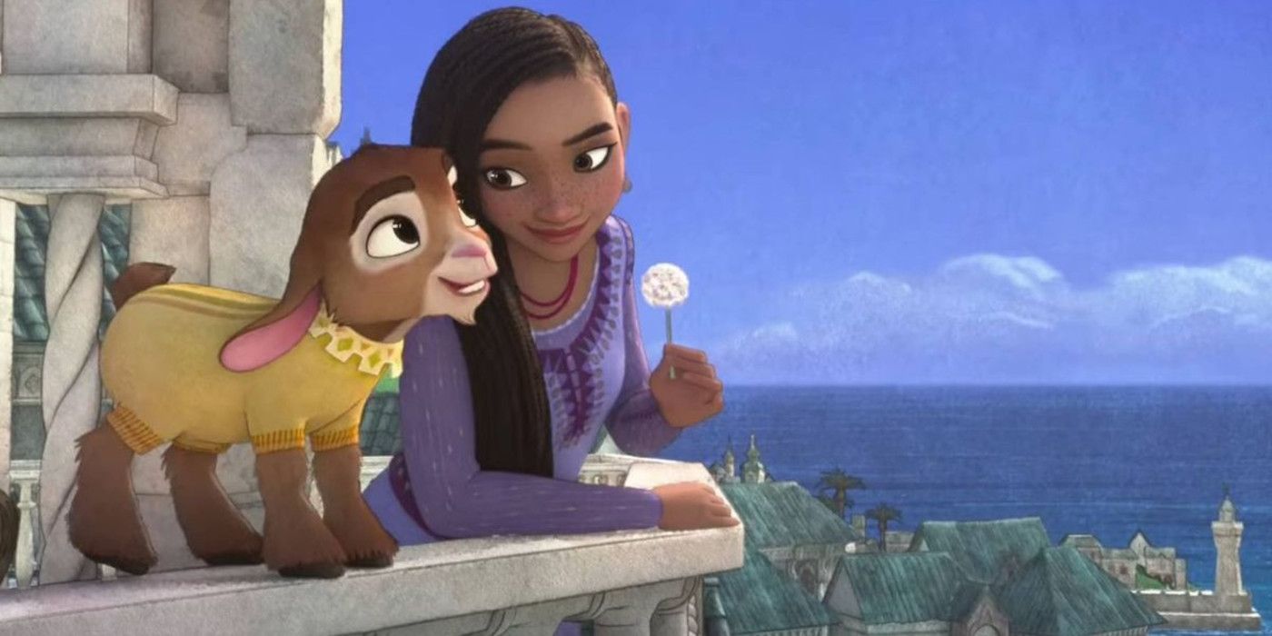 Asha and Valentino the goat lean against a balcony in Disney's Wish
