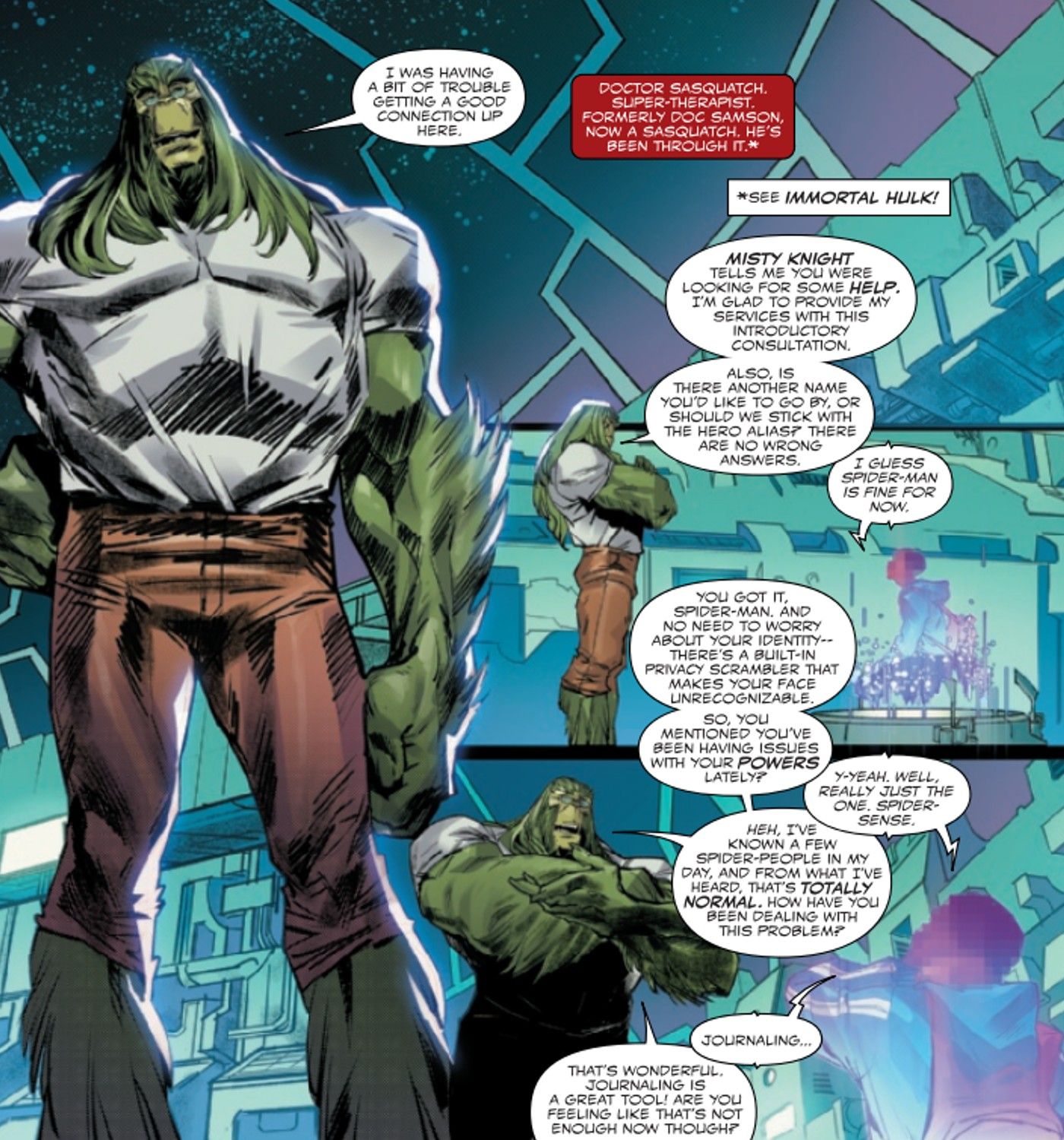 Doc Samson aka Dr. Sasquatch has a therapy session with Miles Morales Spider-Man
