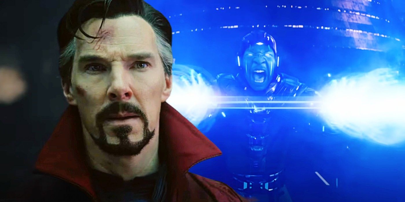 Custom image of Doctor Strange from Multiverse of Madness and Kang using his blue energy blasts in Ant-Man and the Wasp: Quantumania.
