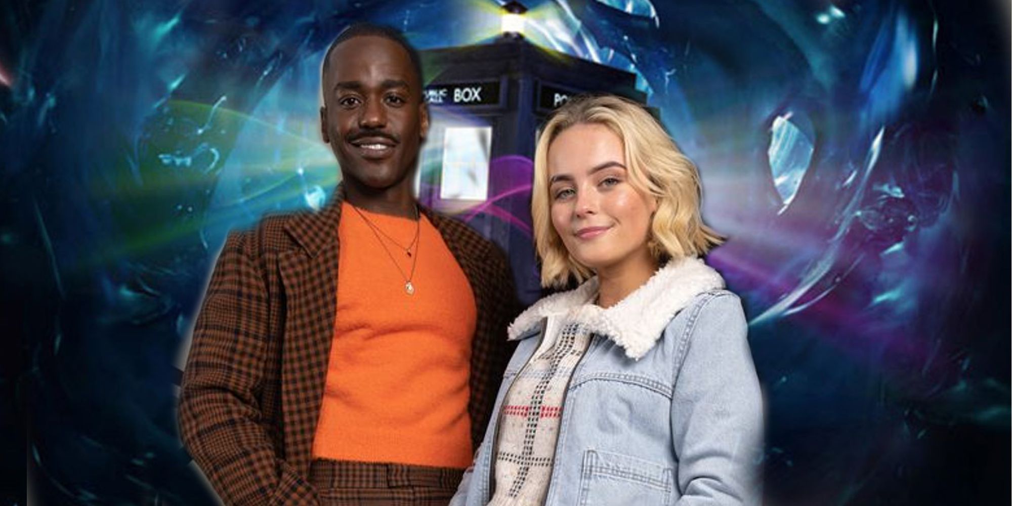 Doctor Who Ncuti Gatwa and Millie Gibson as The Fifteenth Doctor and Ruby Sunday in front of the TARDIS