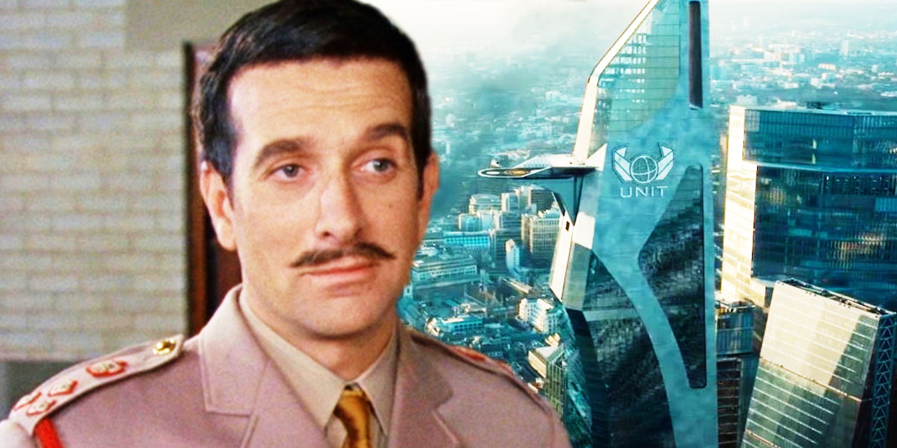 A military man with a moustache stands next to an impressive skyscraper