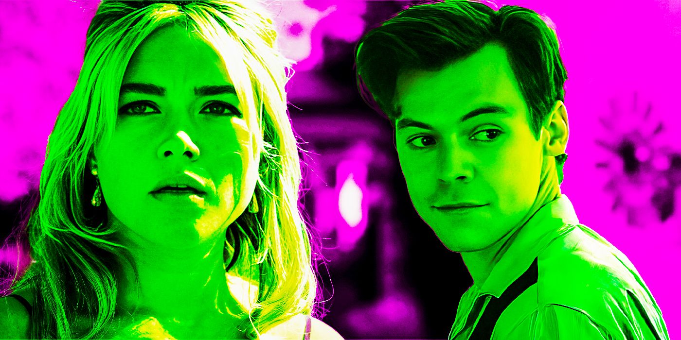 Florence Pugh as Alice and Harry Styles as Jack in Don't Worry Darling with green and magenta color scheme