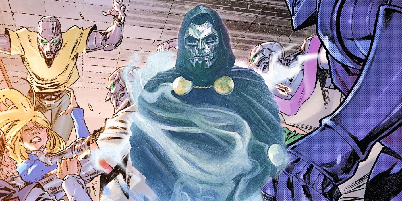 Doom stands wreathed in smoke while an army of Doombots swarm his enemies.