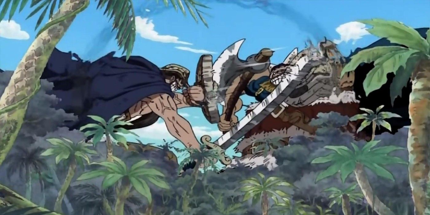 The giants Dorry and Brogy fight with trees below them in One Piece.