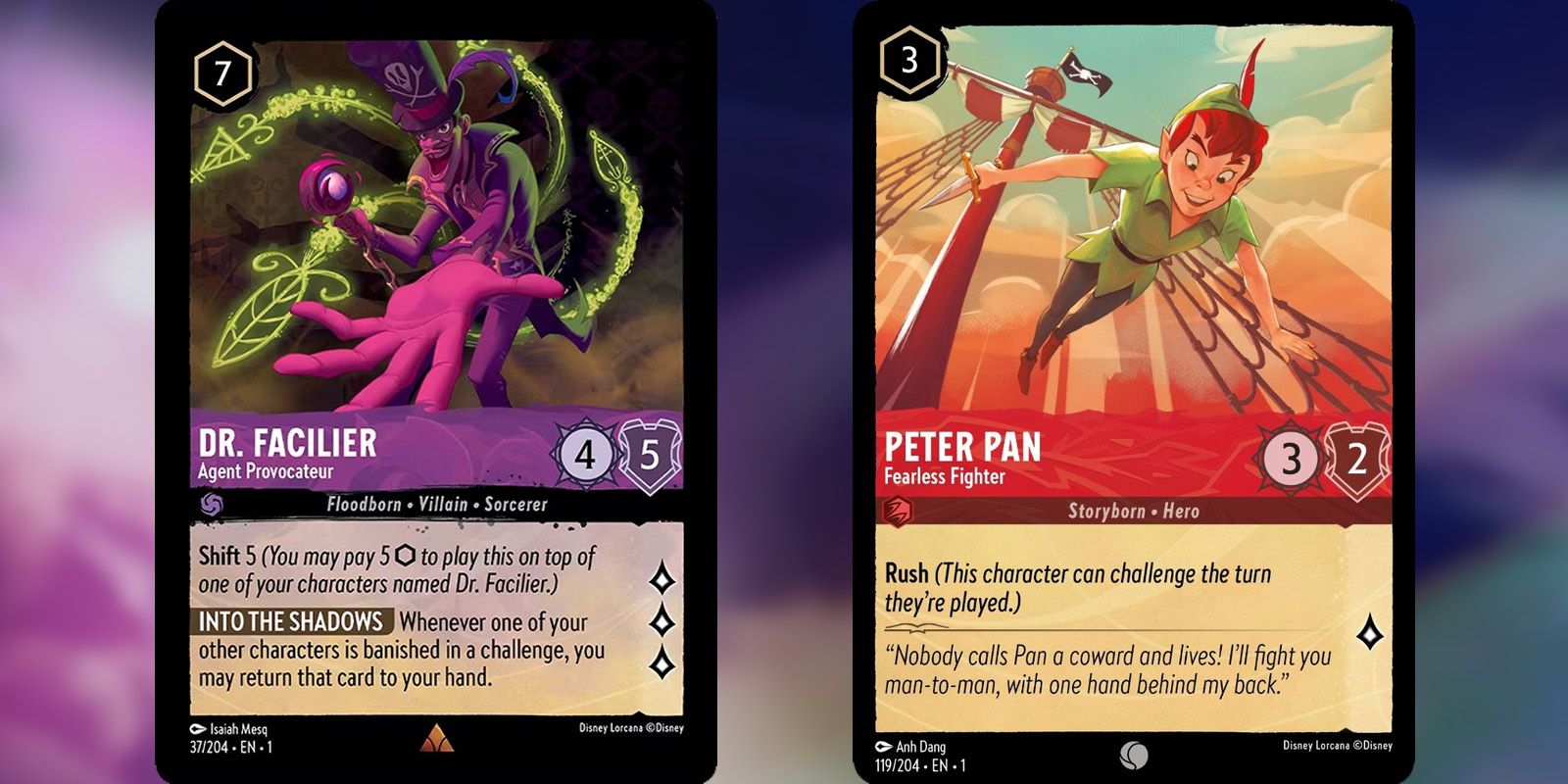 Dr. Facilier and Peter Pan Lorcana cards side-by-side.